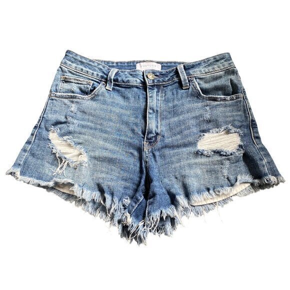 Just USA Mid Rise Blue Distressed Denim Shorts - Size S - Picture 1 of 5